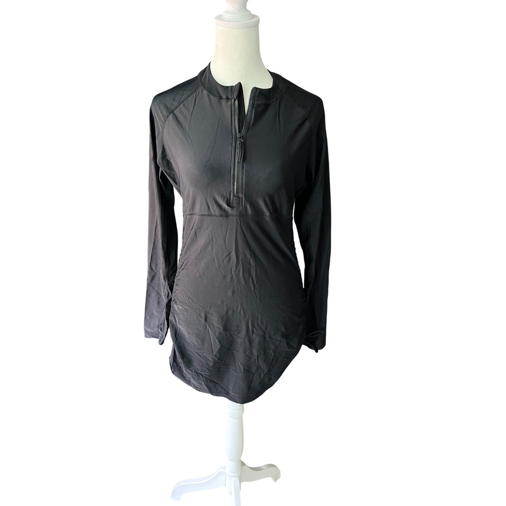 Black Long Sleeve Quarter Zip Rash Guard Swim Cover Up Dress Small Ruched Sides